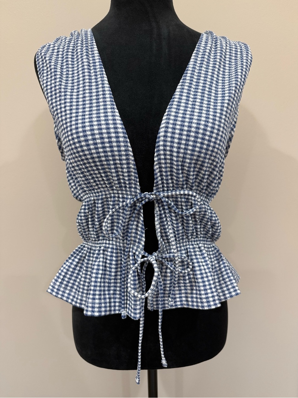 Zara Blue Gingham Tie Front Peplum Vest Top Sleeveless Open Front V-Neck